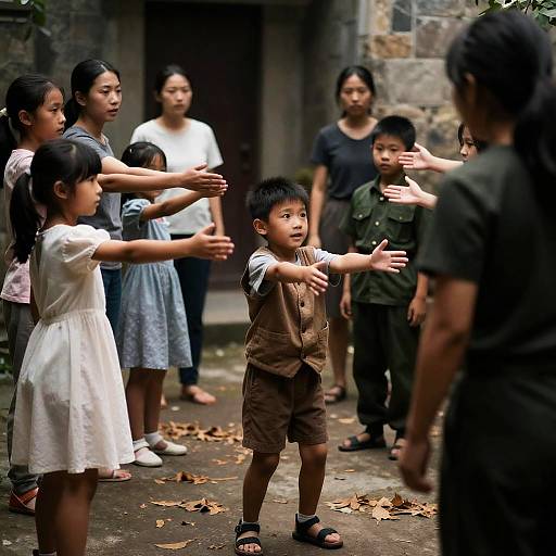 Children and Adults in Shadowy Courtyard