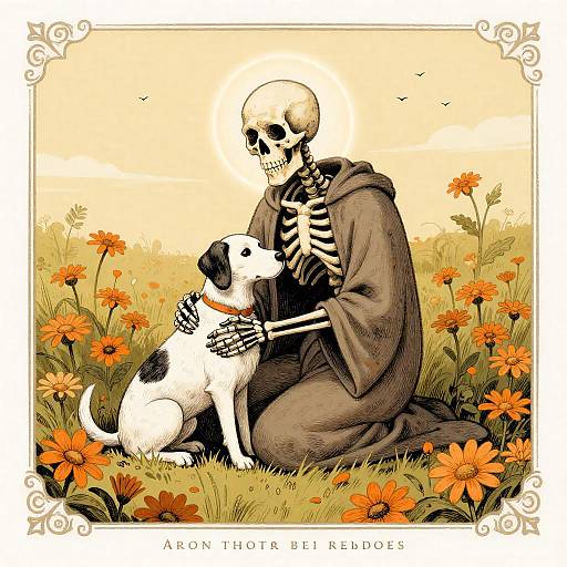 Vintage Haloed Skeleton with Spotted Dog