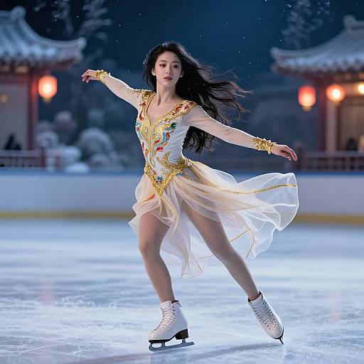 Asian ice skater in ornate, white, flowing dress with gold and blue embroidery, performing on a frozen rink at night.