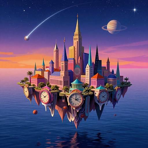 Futuristic floating clock city with colorful buildings, clock faces, and palm trees, under a starry sky with a comet and planet.