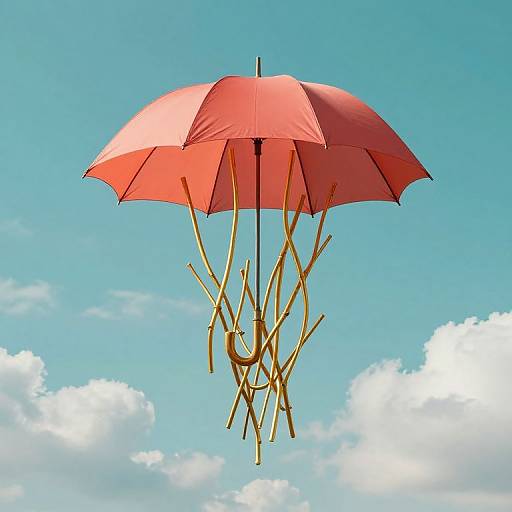 Photograph of a red umbrella with golden handle supports floating in clear blue sky with white clouds.