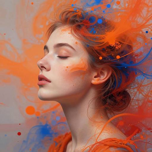 Photorealistic digital art of a fair-skinned, closed-eyed woman with red hair, surrounded by vibrant orange and blue paint splatters, exuding