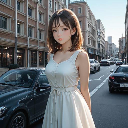Young Woman in White Dress on Urban Street