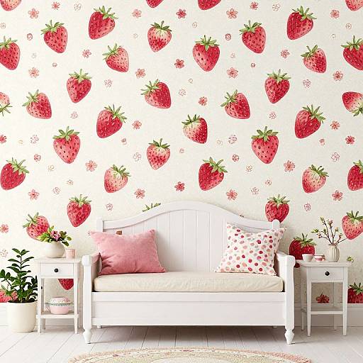 Whimsical white living room with strawberry-patterned wallpaper, white wooden couch, pink and polka-dot pillows, white nightstands, potted plants