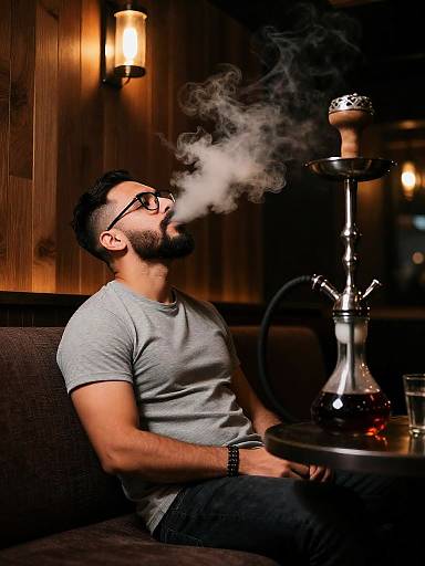 Bearded Man Smoking Hookah in Cozy Lounge
