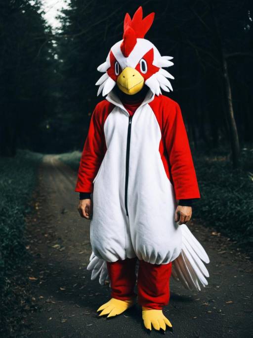 Person in Chicken Costume on Forest Path