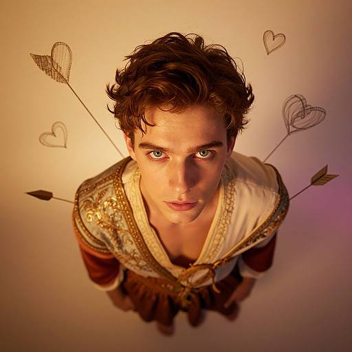 Photograph of a young man with curly brown hair, blue eyes, wearing a golden-trimmed white tunic, with heart-shaped arrows behind his