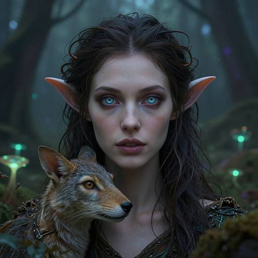 Digital artwork of a pale-skinned, blue-eyed elf with pointed ears, wet dark hair, and a wolf head nestled close, in a mystical,