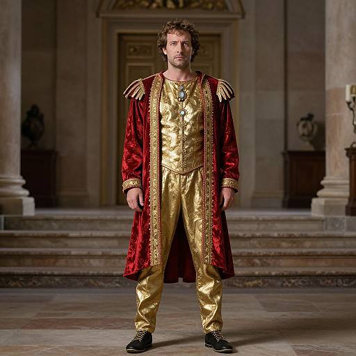 Photograph of a man with wavy brown hair and beard, wearing a red velvet and gold embroidered robe with epaulettes, standing in a