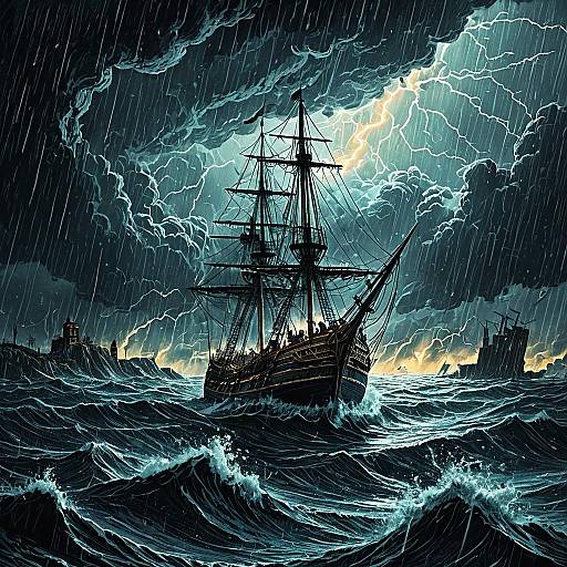 Vintage Ship in Violent Storm with Lightning