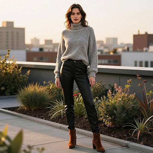 Woman in Grey Sweater and Leather Pants on Rooftop Garden