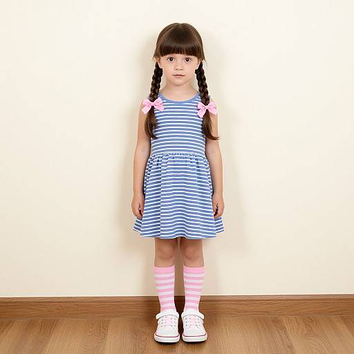 Photograph of a young girl with long brown hair in pigtails, wearing a blue and white striped dress, pink and white striped knee socks,