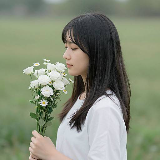 Photograph of an Asian woman with long black hair, wearing a white shirt, holding white daisy flowers, standing in a green field.