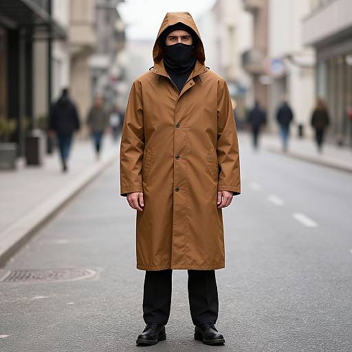 Photograph of a man in a brown hooded trench coat, black mask, black pants, and black shoes, standing on a blurred city street.