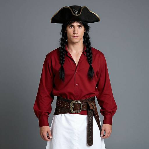 Photograph of a man with long black hair in braids, wearing a black tricorn hat, red shirt, white pants, brown belt, and