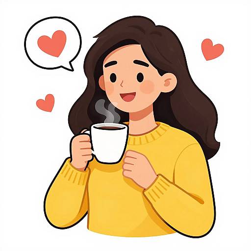 Cartoon of a smiling woman with long dark hair, wearing a yellow sweater, holding a steaming white mug, with pink hearts and a speech bubble