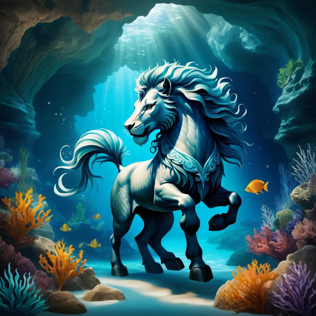 Mythical Seahorse-Lion Beast in Cave