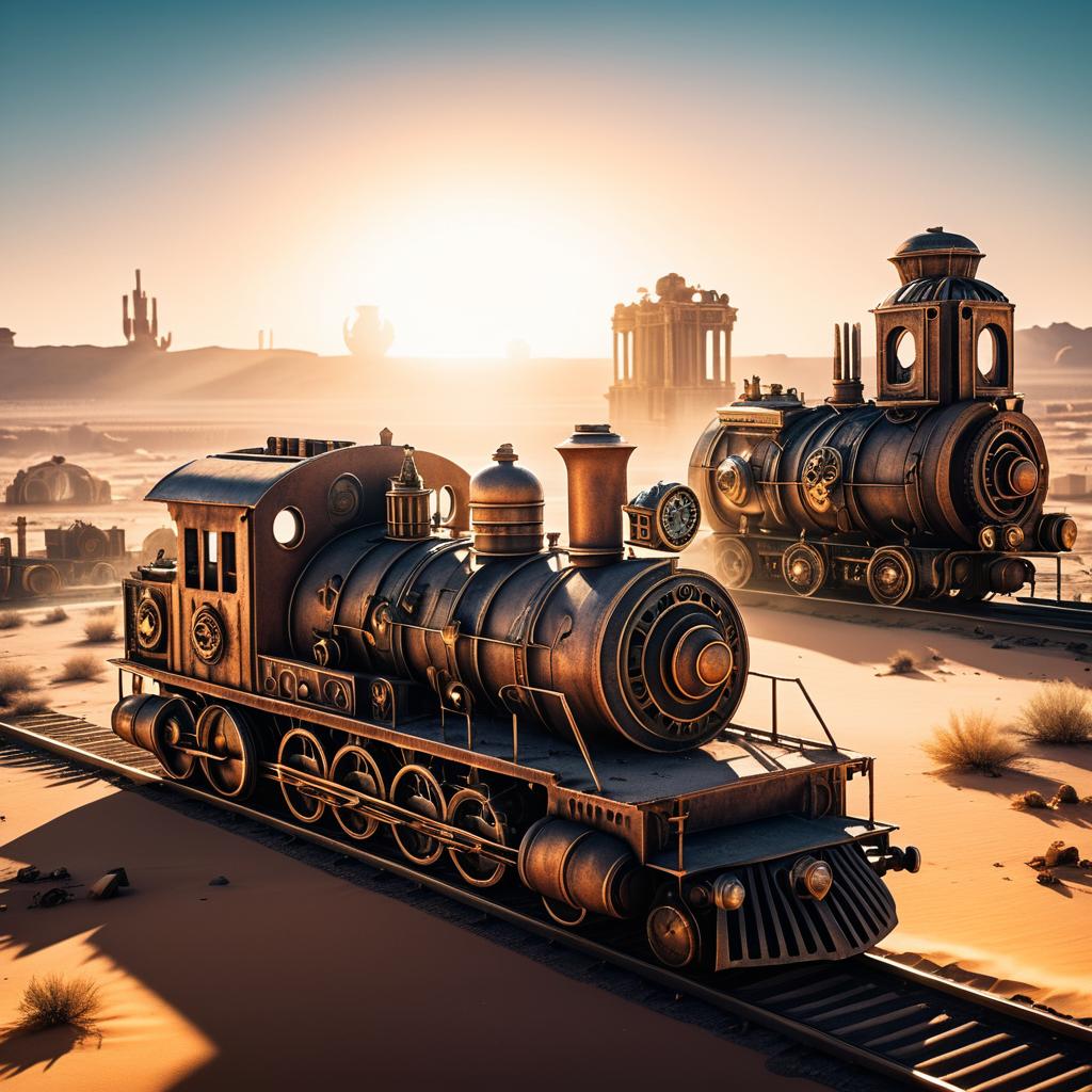 Giant Steampunk Train in Desert Sunrise