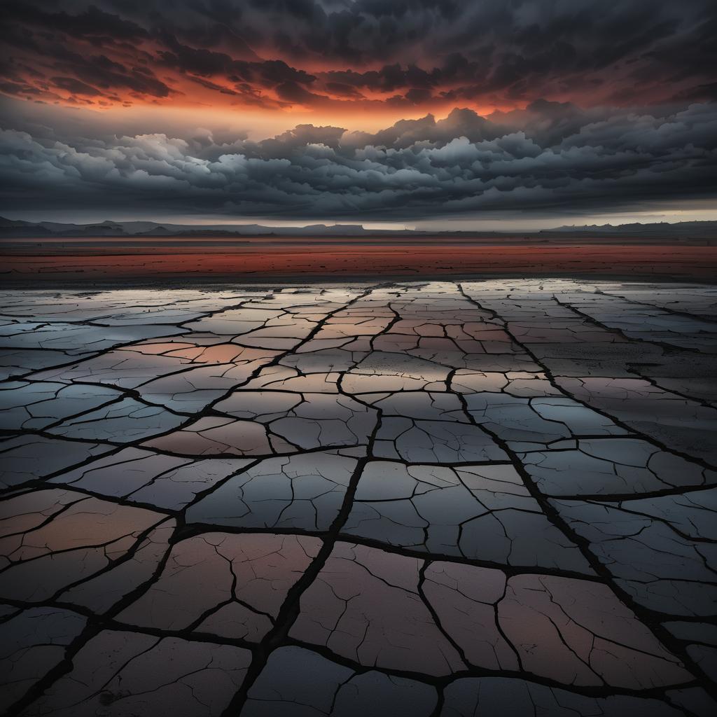 Surreal Dusk Over Cracked Earth Flats