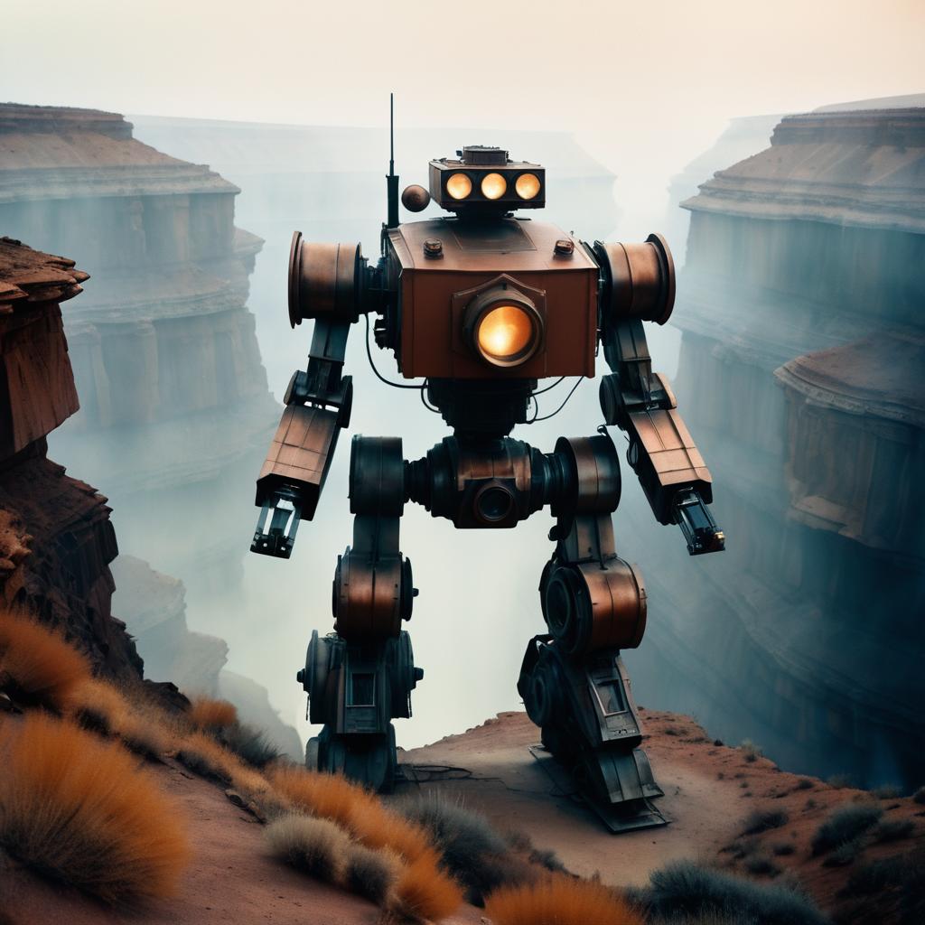 Cinematic Mech in a Foggy Canyon