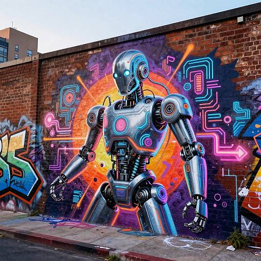 Vibrant digital graffiti of a silver, glowing robotic figure with neon blue and pink accents, standing in front of a brick wall with colorful, abstract