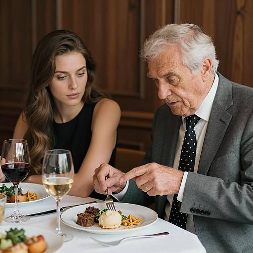 Older man and young woman dining in elegant restaurant