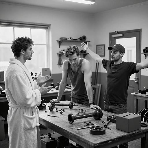 Three Men Discussing in Workshop