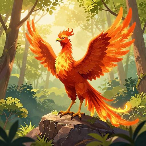 Digital illustration of a vibrant red phoenix with fiery wings standing on a rock in a sunlit forest, surrounded by lush greenery.