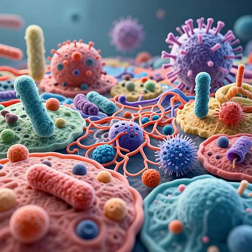 Vibrant CGI image of colorful, textured, futuristic microorganisms with spiky, cylindrical, and spherical shapes, interconnected by red filaments. Blue