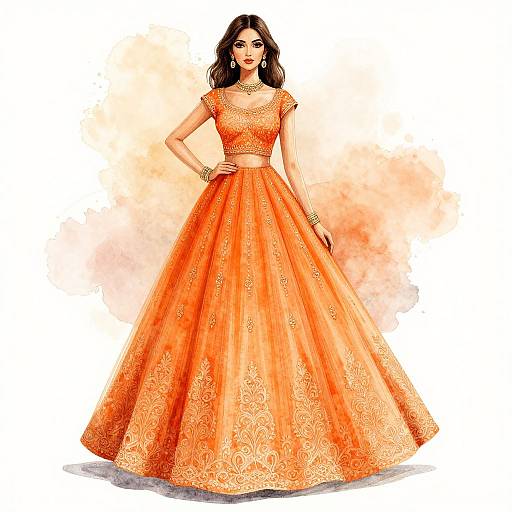 Elegant Orange Gown Watercolor Fashion