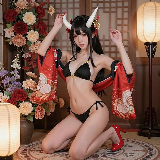 Asian Woman in Kimono and Monokini