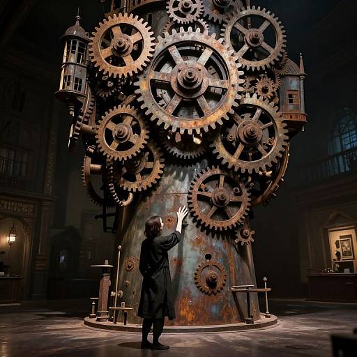 Photograph of a steampunk-style giant gear clock tower illuminated at night, with a lone figure in a long coat reaching upward, surrounded by dark