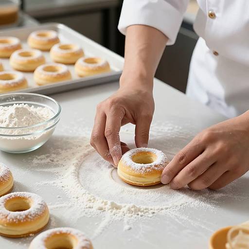 Photograph of a baker's hands dusting sugar on a freshly made donut on a white countertop, with a glass bowl of sugar nearby.