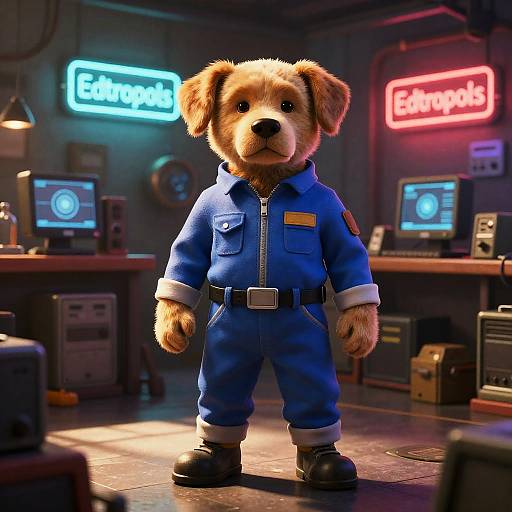 Cyberpunk Dog Mechanic in Neon Store