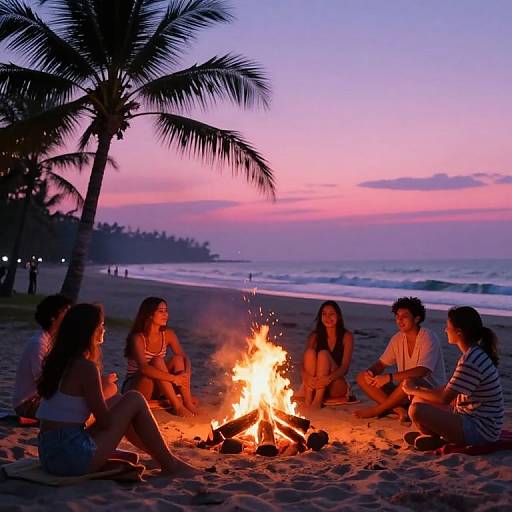 Friends Enjoying Beach Bonfire at Dusk
