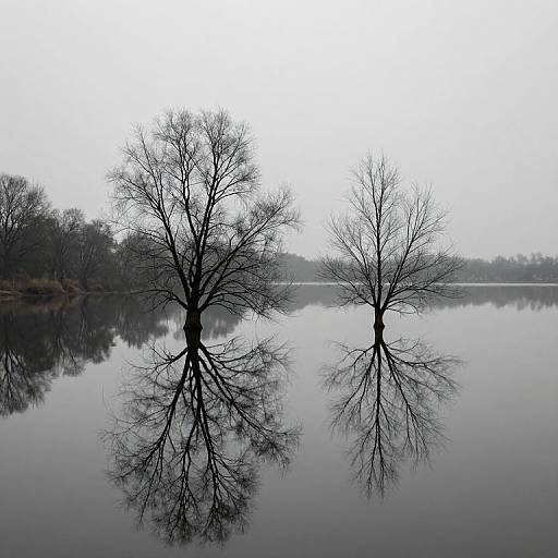 Photograph of two leafless trees reflected in a calm, misty lake, creating a symmetrical, hauntingly beautiful winter scene.