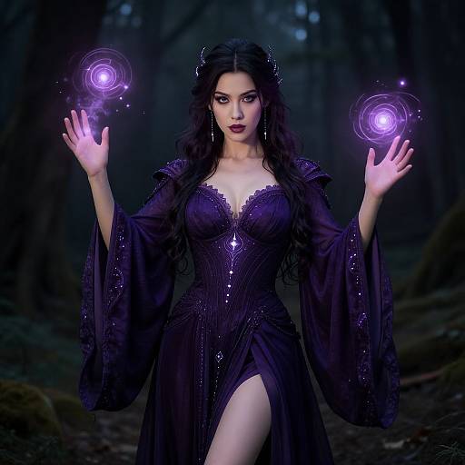 Digital art of a dark-haired woman in a purple, lace-trimmed dress, standing in a forest, casting glowing purple magic from her hands.