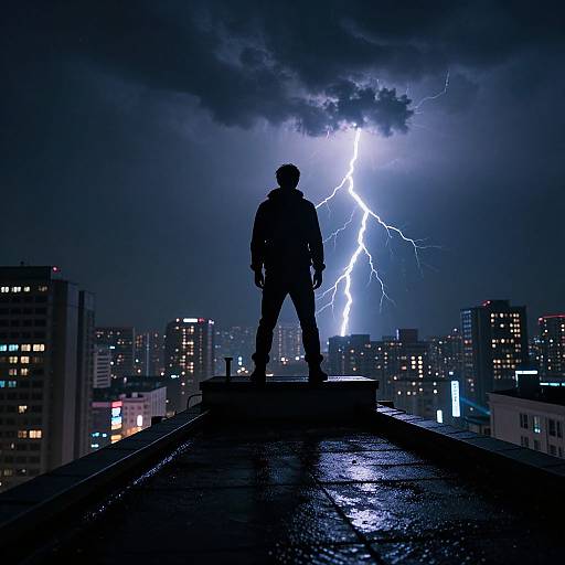 Silhouetted figure on rooftop, facing dramatic lightning strike, cityscape of lit buildings in background, night sky with dark clouds. Photographic image