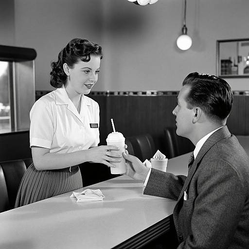 Black-and-white photograph of 1950s-style diner: smiling waitress with curled hair, white blouse, and striped skirt hands drink to suited man seated