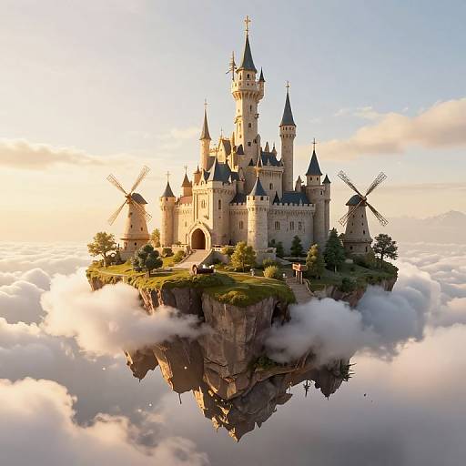 3D Floating Island with Windmill Castle