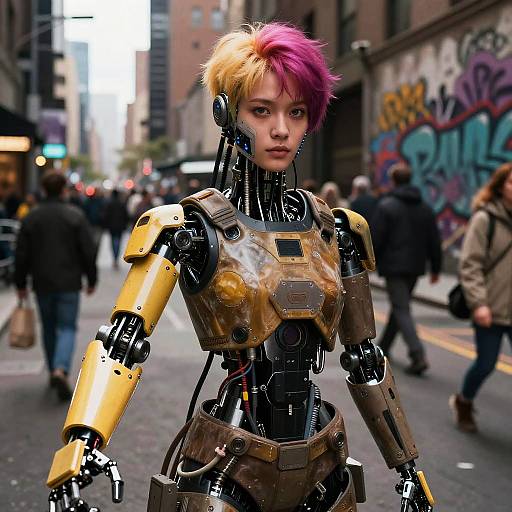 Photograph of a futuristic, cybernetic woman with pink and yellow hair, yellow and black robotic armor, walking in a busy urban street with graffiti