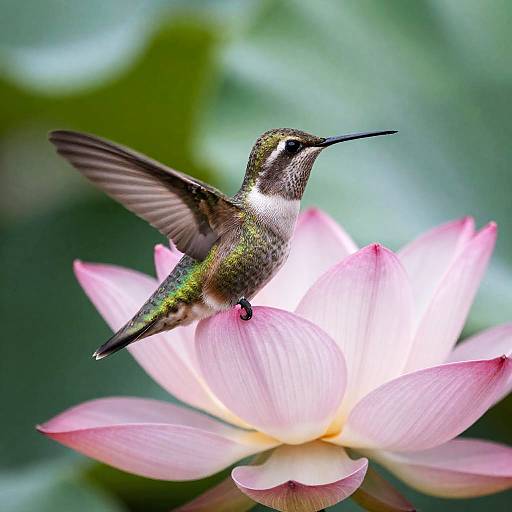Delicate Hummingbird on Blooming Lotus
