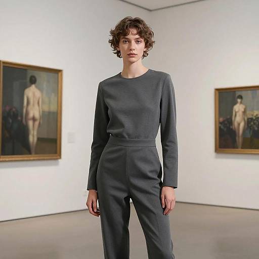 Photograph of a short-haired woman in a gray long-sleeve jumpsuit standing in an art gallery with two nude paintings on white walls.