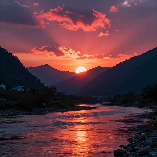 Photograph of a vivid sunset over a mountainous river, with fiery red and orange clouds, reflective river, and silhouetted hills.