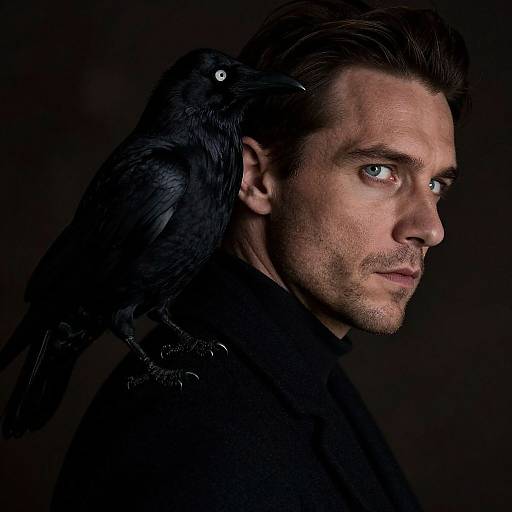 Photograph of a serious, blue-eyed, dark-haired man in black, with a black crow perched on his left shoulder against a dark background.