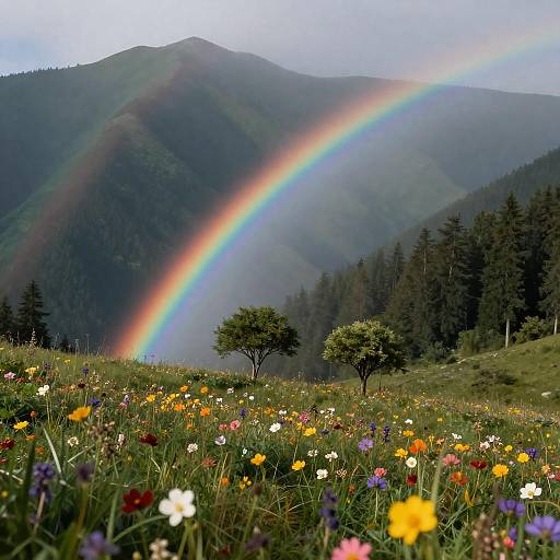 Rainbow Over Wildflower Meadow in Mountain Landscape