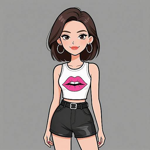 Smiling Woman in Graphic Tank Top and Leather Shorts