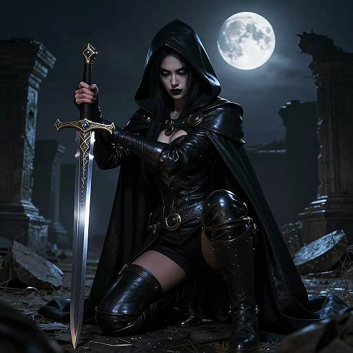 Dark fantasy photograph of a fierce, dark-haired woman in black leather armor, hooded cape, and thigh-high boots, holding a glowing sword under a