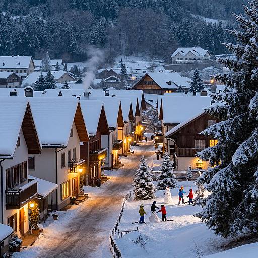 Photograph of a snowy, alpine village at dusk, featuring lit, triangular-roofed buildings, people in winter clothes, and snow-covered trees