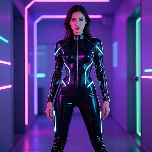 Photorealistic image of a woman in a shiny black latex bodysuit, standing in a neon-lit hallway with purple and pink lights. Her